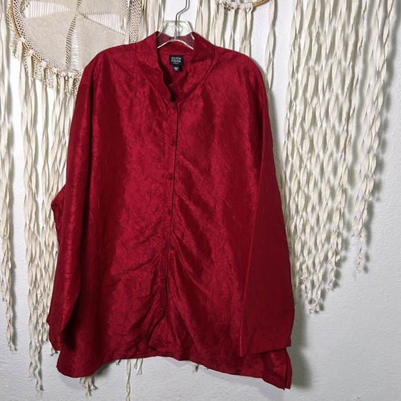 Eileen Fisher Woman Red Crinkle Silk Mandarin Collar Button Down Shirt Jacket 3X - Picture 4 of 12